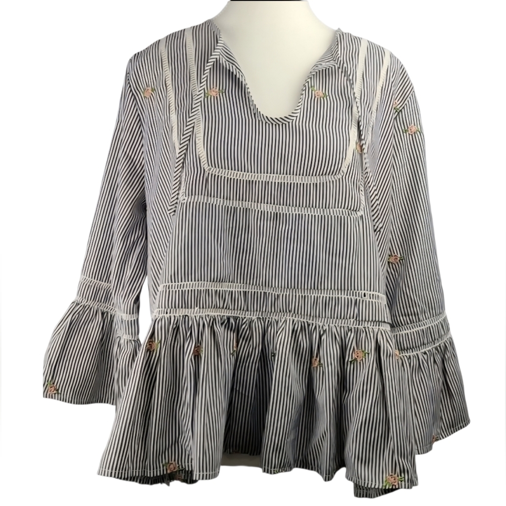 Jaase Gray Striped Boho Peplum Blouse Bell Sleeve Cottagecore Fairy Top Size L